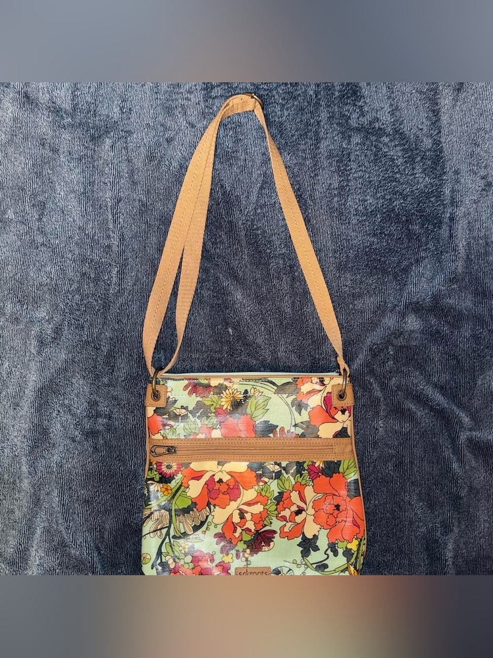 Sakroots Floral Crossbody in Mint, Orange & Red with Tan Strap